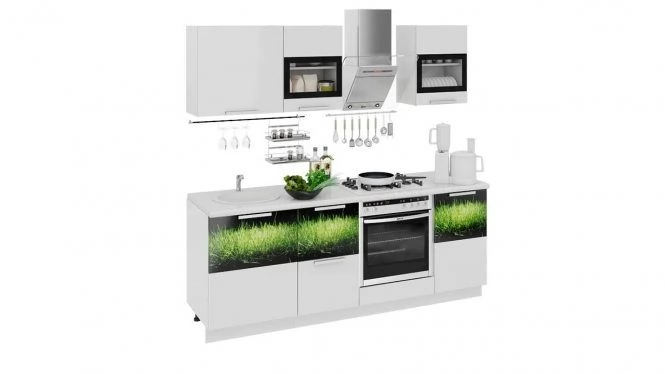 Готовый Набор для кухни длиной - 210 см (со шкафом НБ) ГН60_210_2 (НБ) белый/черный/зеленый